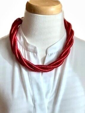 Vintage Red Twisted Rope Choker Statement Necklace Gold Tone OS